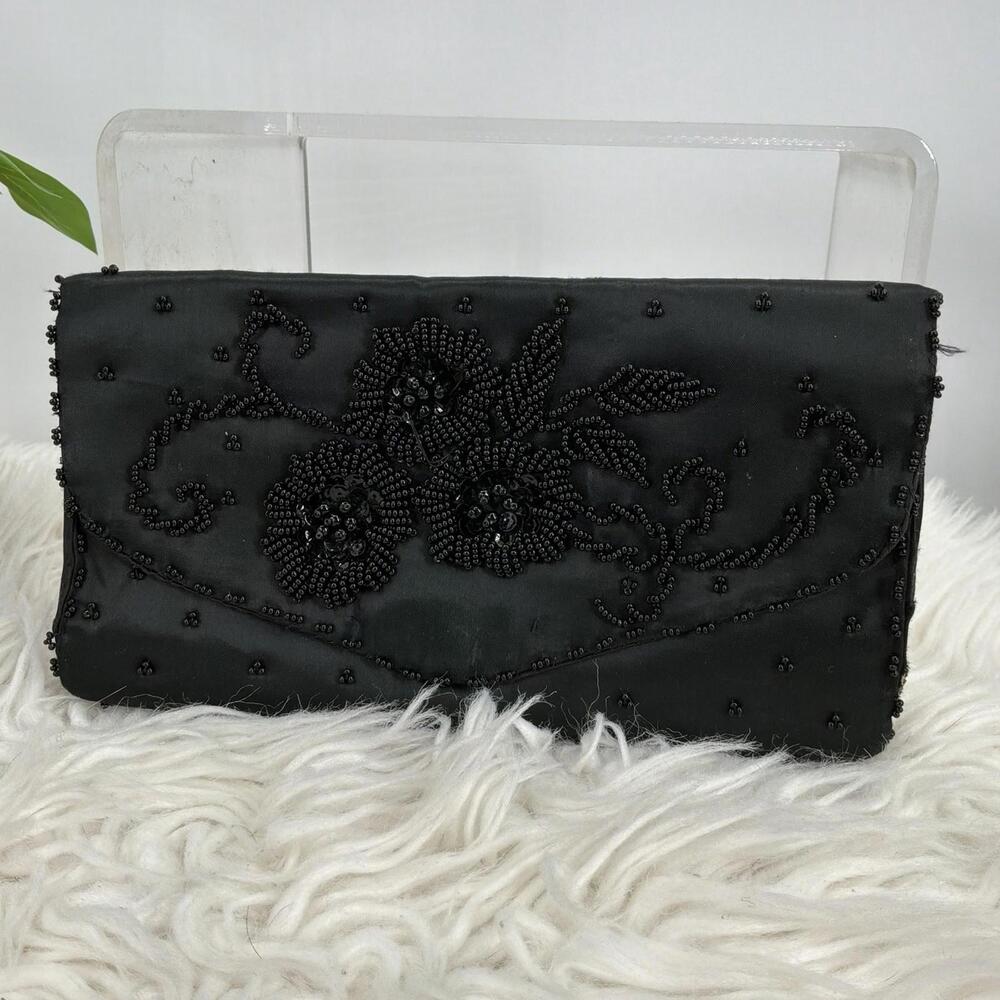 Vintage Black Silk Beaded Embroidered Clutch Purse HandMade In Hong Kong